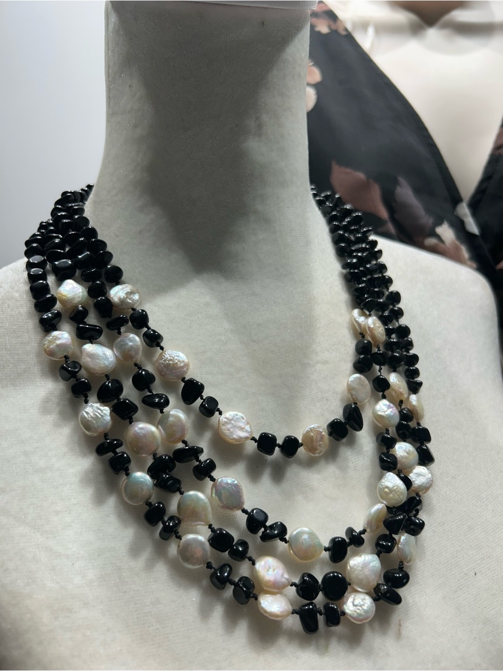 Four Strand White Coin Pearl and Black Beaded Necklace - Elegant Women Jewelry